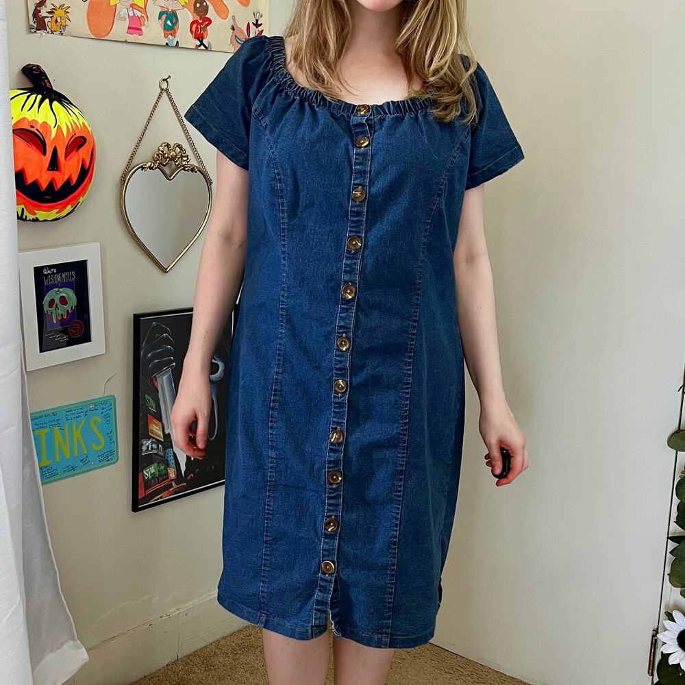 Helium London Denim Dress Size 2X Denim Chambray Y2K Off-Shoulder Western